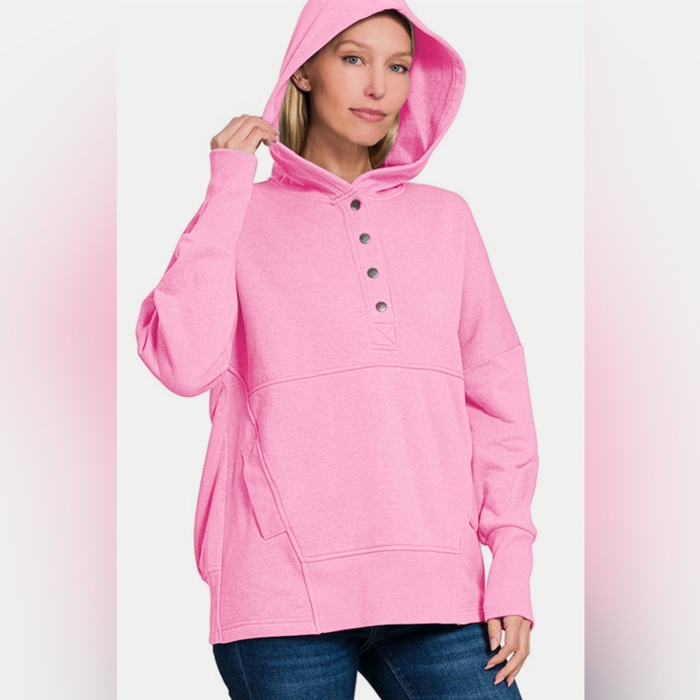Zenana Outfitters Pink Henley Hoodie Sweatshirt - Picture 2 of 3